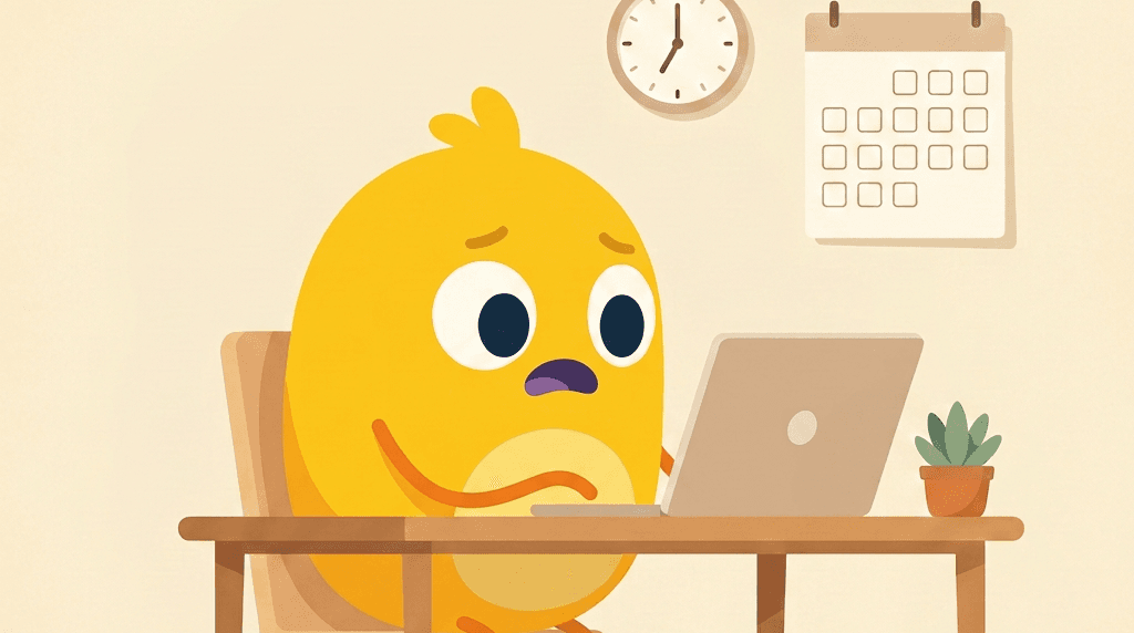 A yellow mascot at a laptop, with a wall clock and a nearly empty calendar behind it, looking uneasy about how little time is left before interviews