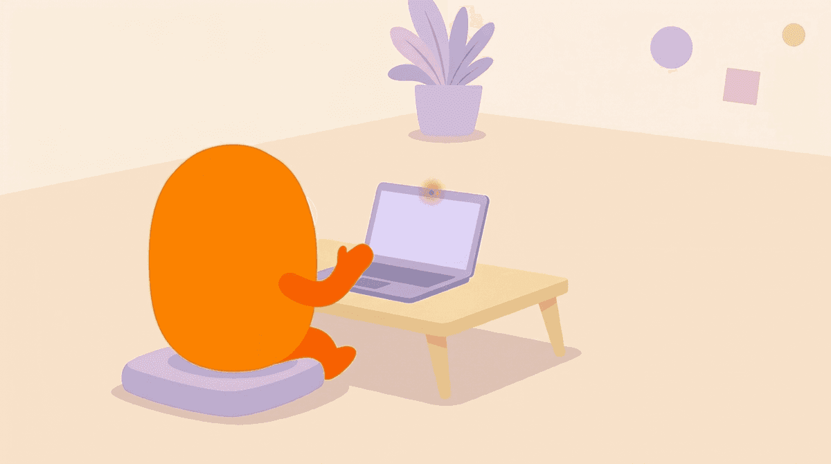 A mascot talking alone into a laptop with the record light on, facing a screen that gives back no nod and no reply