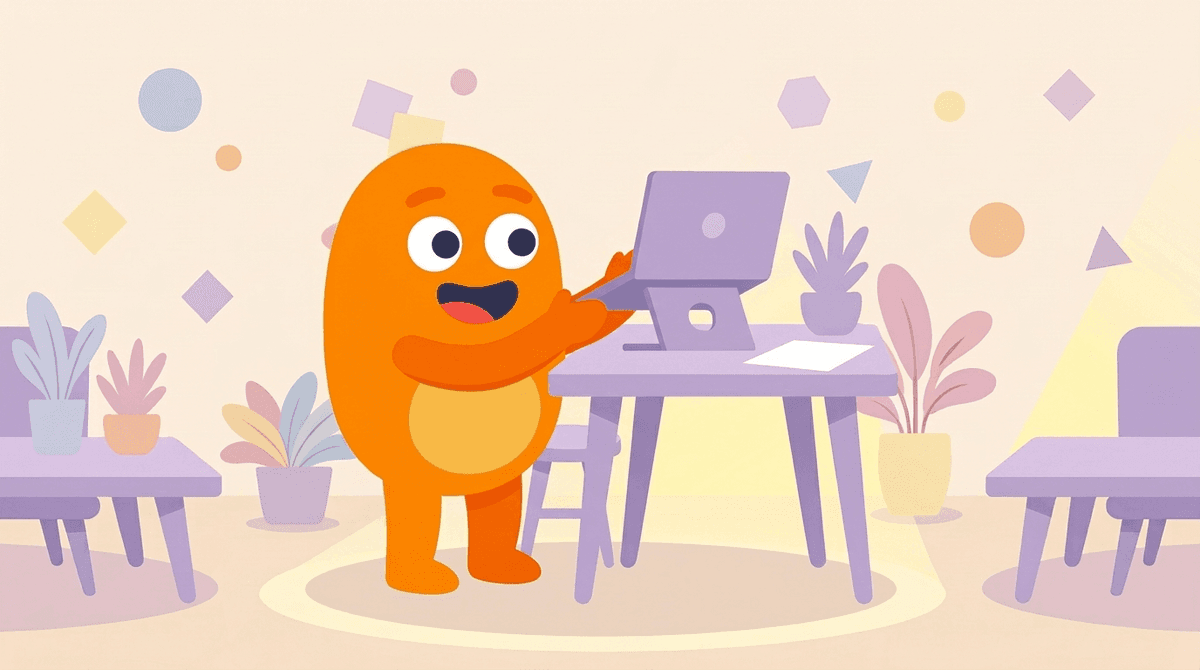 A mascot setting its laptop up on a stand so the camera comes up to eye level