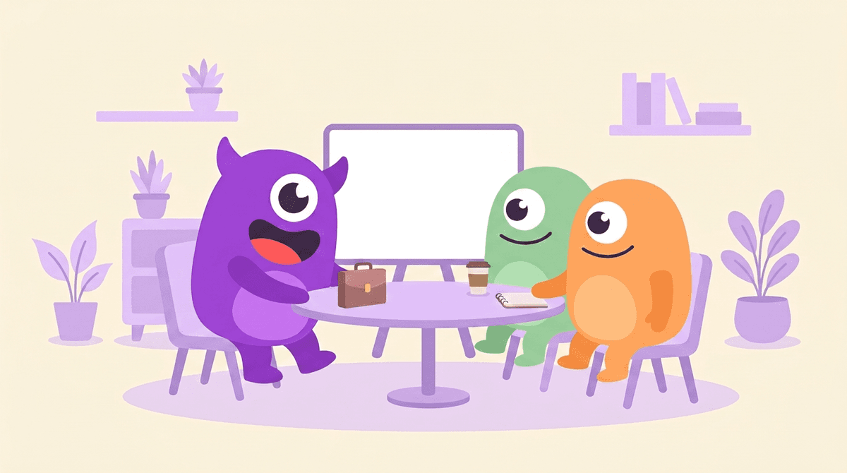 Three mascots around one table in front of a blank whiteboard, each with a different belonging beside them, showing they arrived from different backgrounds