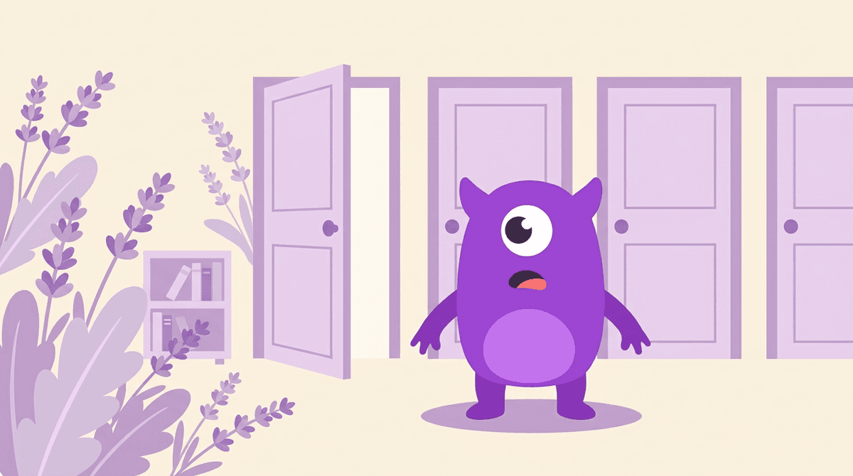 A mascot facing a row of four identical doors, where the only open one is off to the side rather than the one it was facing