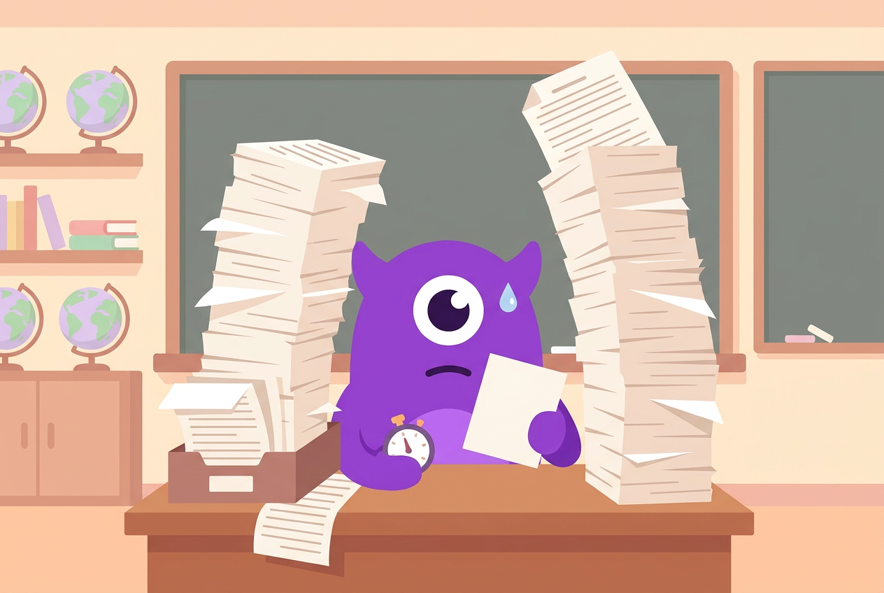 An admissions officer buried in towering stacks of essays, with barely any time to read each one