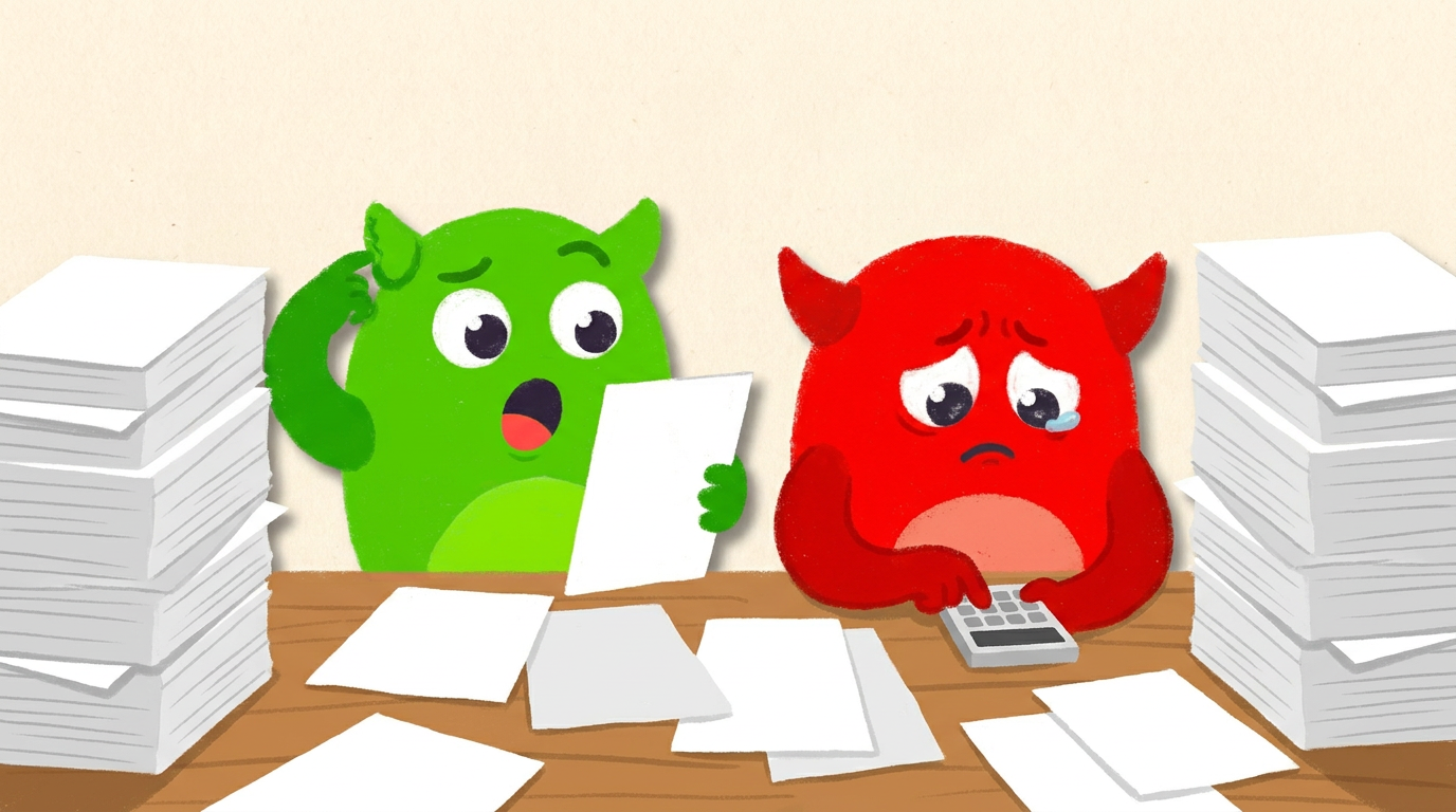 A green monster surrounded by scholarship paperwork entering parents' income and asset details while a red monster taps a calculator