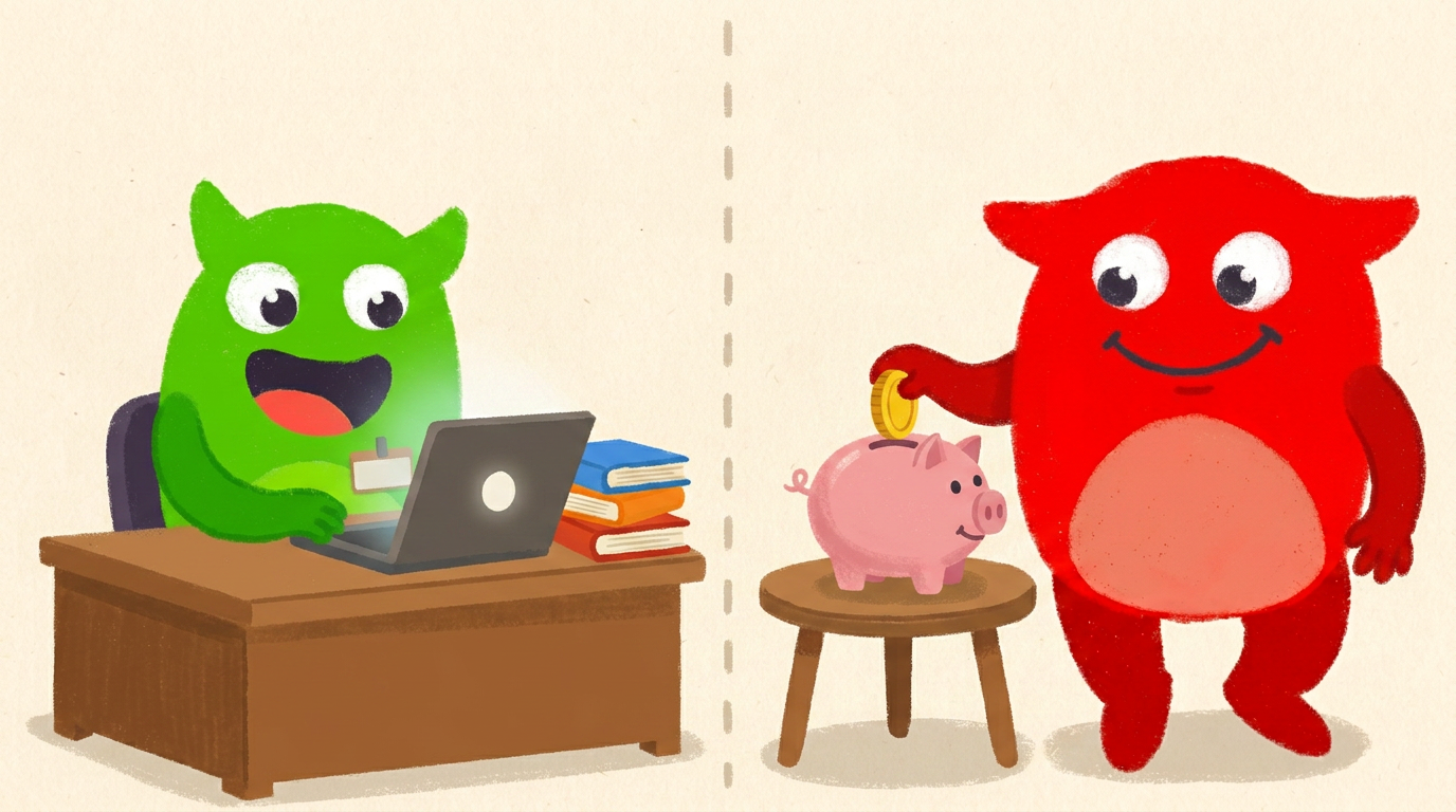 A green monster working an on-campus staff job and a red monster dropping coins into a piggy bank