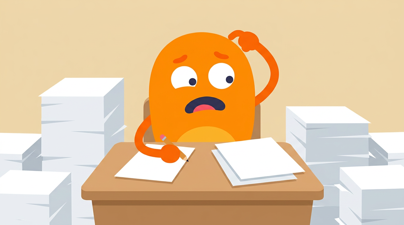An orange mascot at a desk surrounded by towering stacks of practice papers, scratching its head over a stalled score