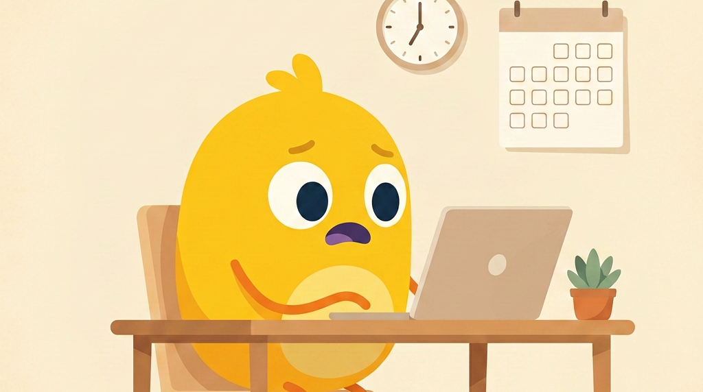 An orange mascot at a laptop, glancing at a wall clock and calendar, uneasy about how little time is left before interviews