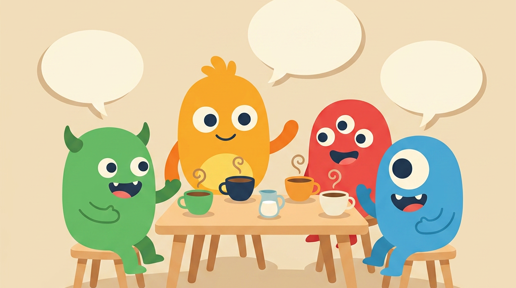 Four mascots around a table over coffee, mid-conversation — a coffee chat with current students