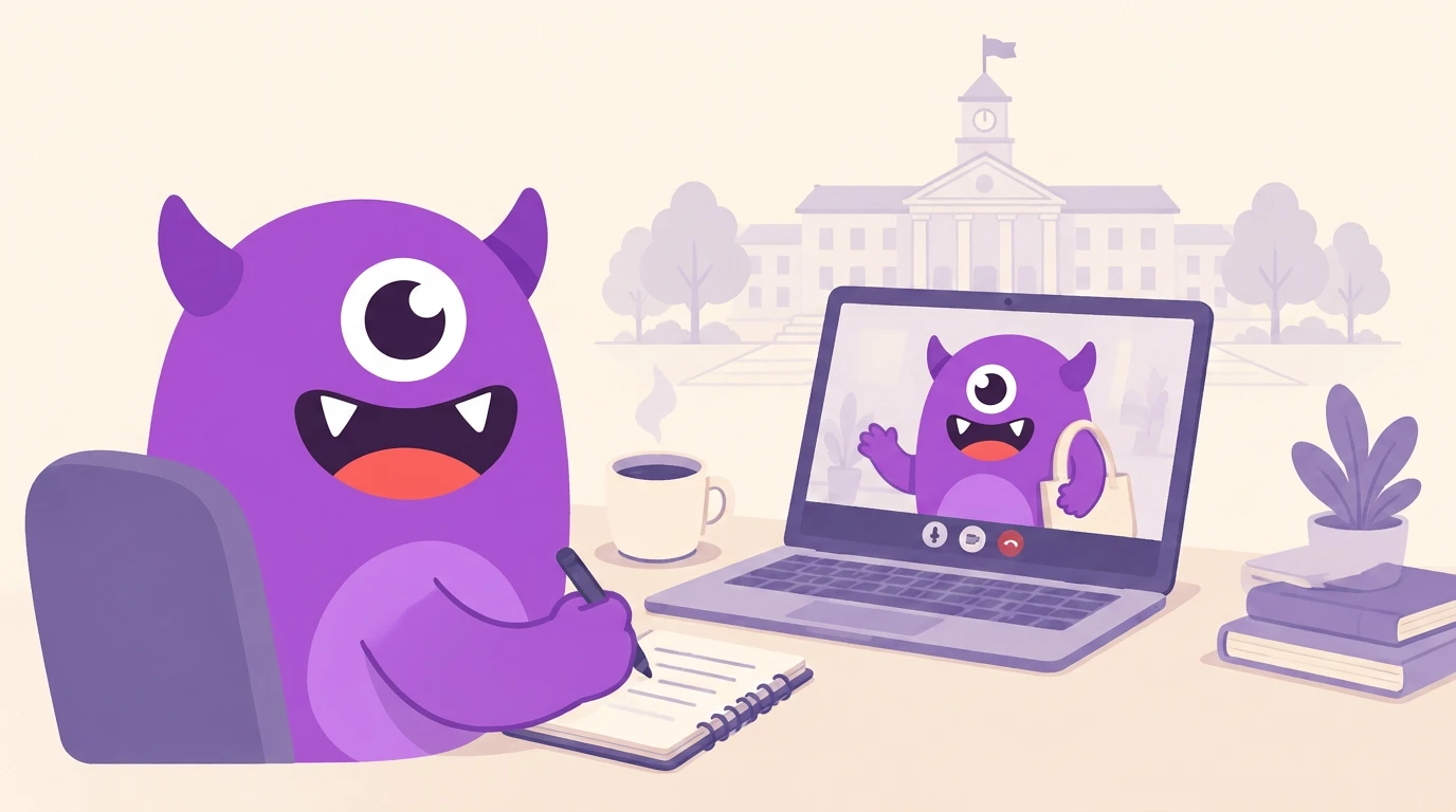 A mascot on an online coffee chat with a newly enrolled student, taking notes on what campus life is really like