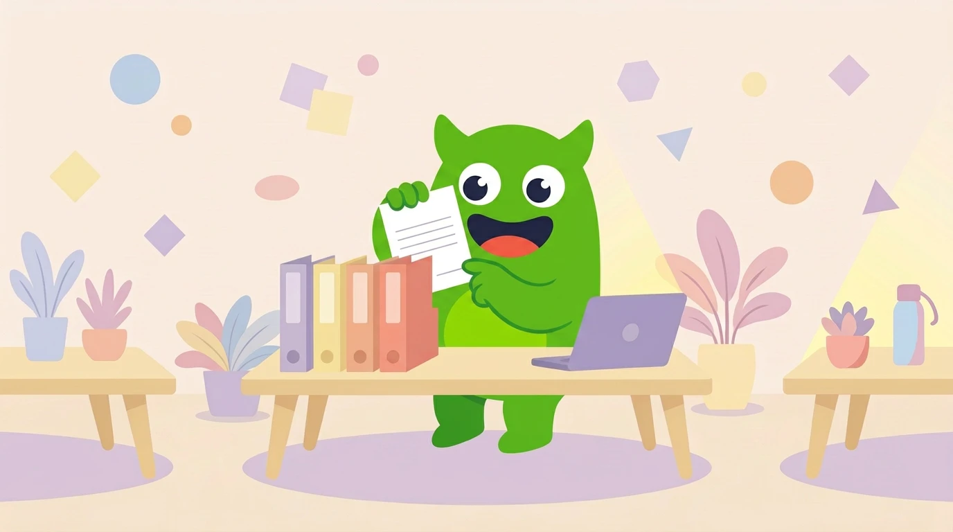 A mascot pulling the submitted resume and essays out of per-school folders and tracing the numbers it wrote with a finger