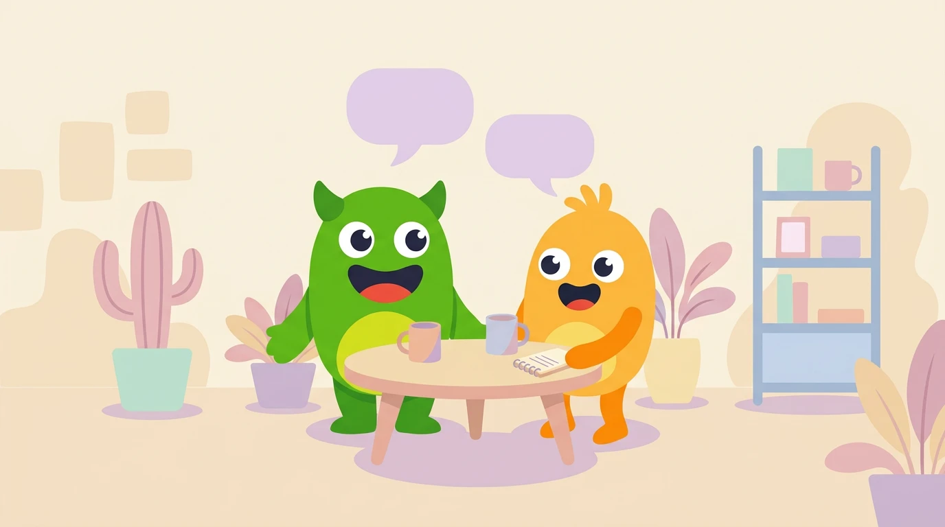 Two mascots facing each other in a mock interview, trading a real conversation instead of firing back memorised answers